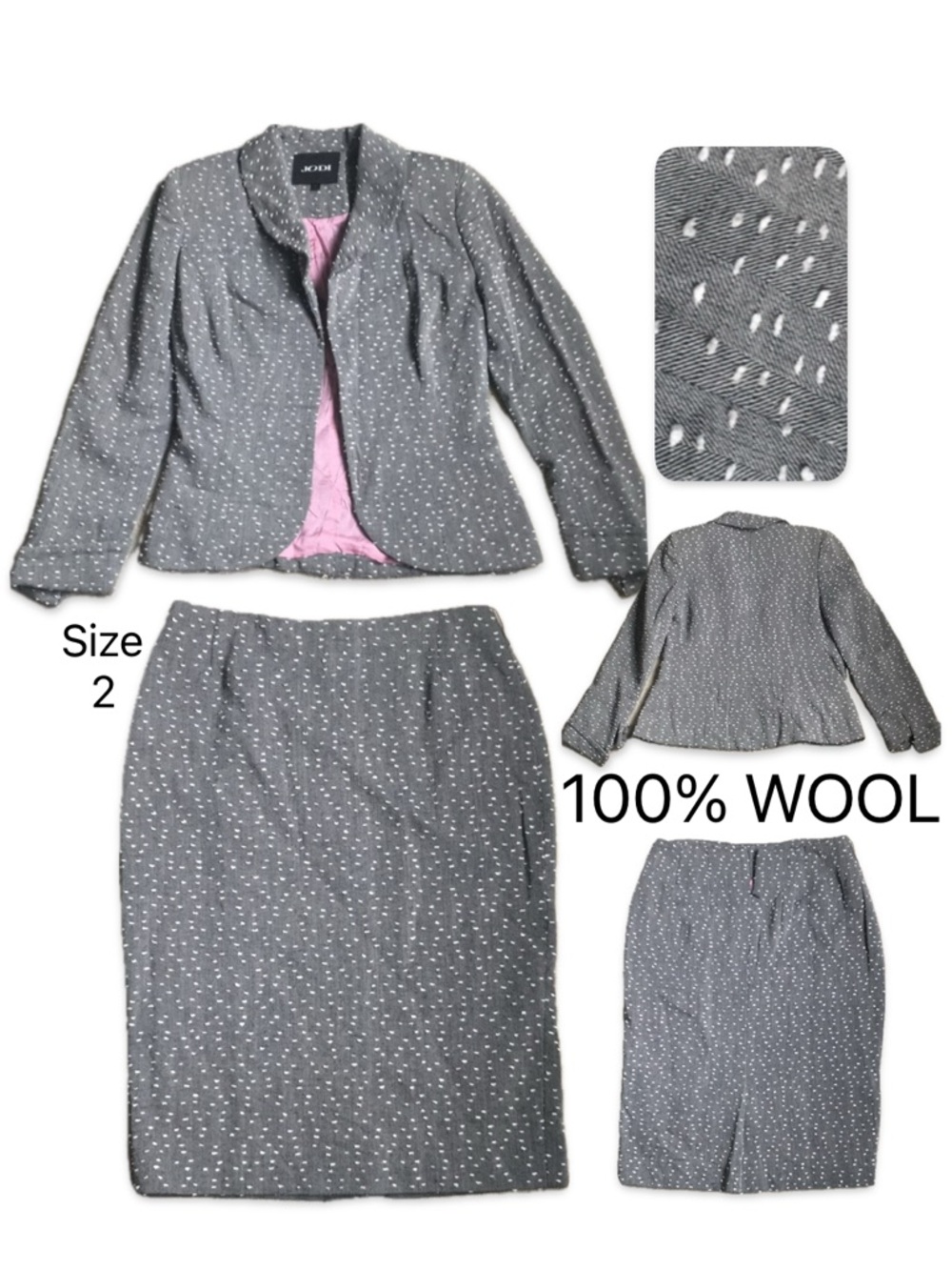 🇨🇦 100% Wool Pencil Skirt & Jacket Set - Size 2 - Gray/White • Made in Canada - Picture 12 of 16
